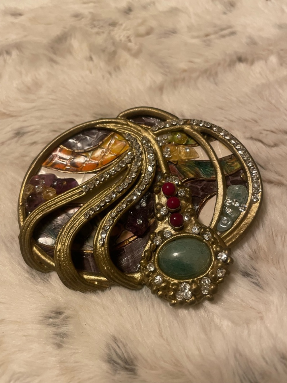 Vintage 80s custom made belt buckle art nouveau brutalist Gothic with gemstones